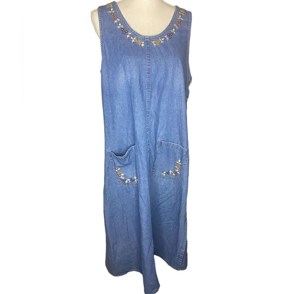Willow Ridge Sz LP Blue Button Side Sleeveless Embroidered Denim Jumper Dress